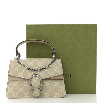 Gucci Dionysus Mini Top Handle Bag in GG Supreme canvas with light leather trim and silver-toned tiger-head hardware