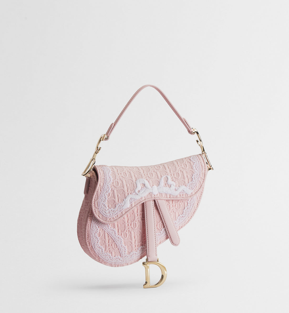 Dioramour Small Saddle Bag with Strap in Soupir Pink Dior Oblique Embroidery and White Lace
