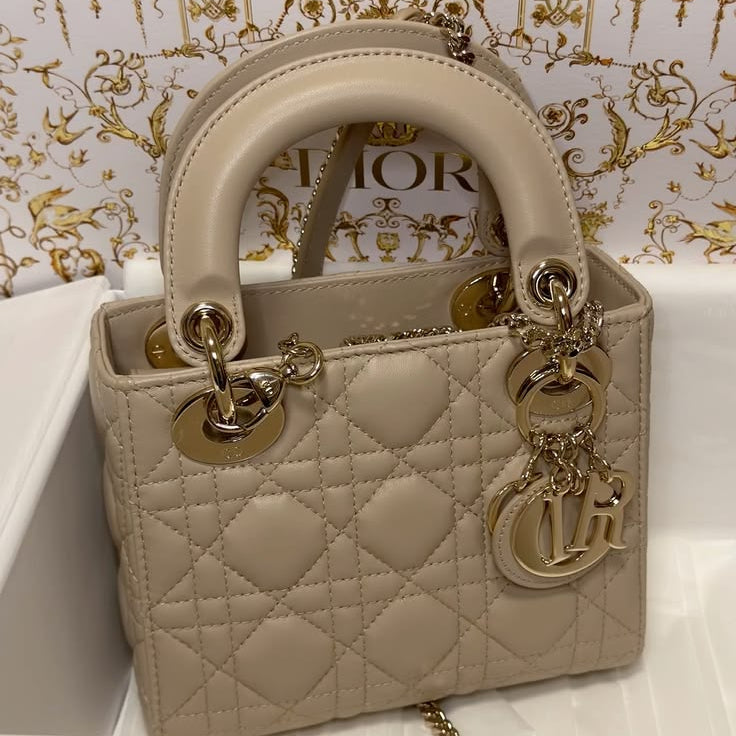 Mini Lady Dior-Style Bag in Beige with Gold-Tone Hardware