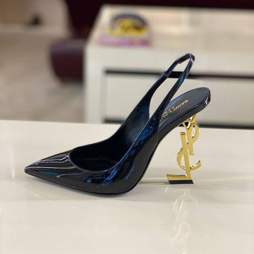 Saint Laurent Opyum 110 Patent Leather Slingback Pumps in black featuring a pointed toe