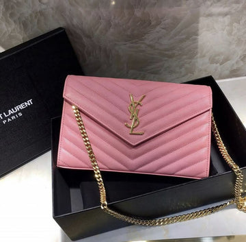 Saint Laurent Grain de Poudre Matelassé Chevron Monogram Envelope Chain Wallet pink & gold