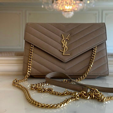 Saint Laurent Cassandre Envelope Chain Wallet in a beige/taupe chevron-quilted leather finish