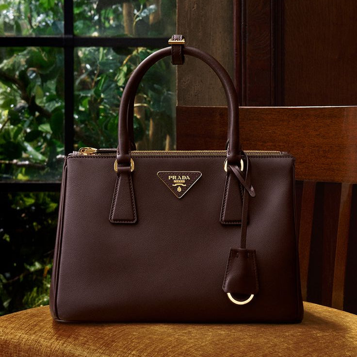 Prada Galleria tote bag in a dark brown or burgundy Saffiano leather finish