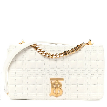 Burberry Small Lola Bag featuring a gold-tone Thomas Burberry monogram clasp and a matching chain strap