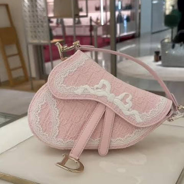 Dioramour Small Saddle Bag with Strap in Soupir Pink Dior Oblique Embroidery and White Lace