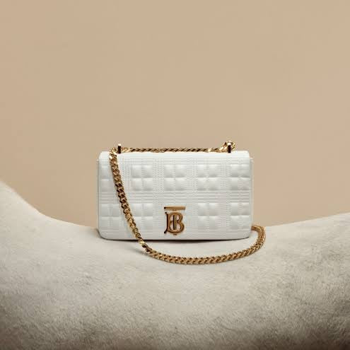 Burberry Small Lola Bag featuring a gold-tone Thomas Burberry monogram clasp and a matching chain strap